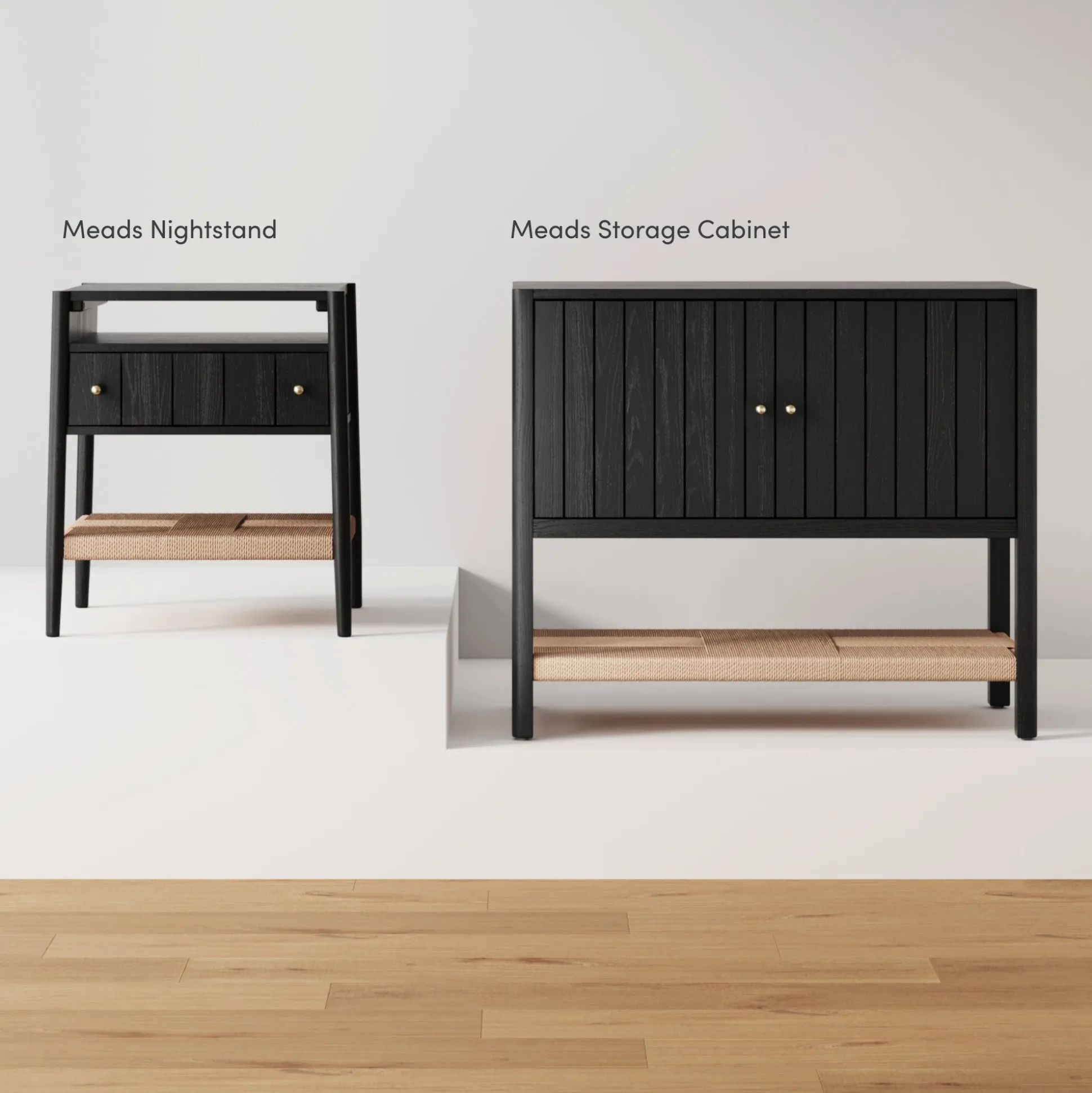 Wood TV Console with Open Seagrass Shelf for TVs up to 75" Black Oak