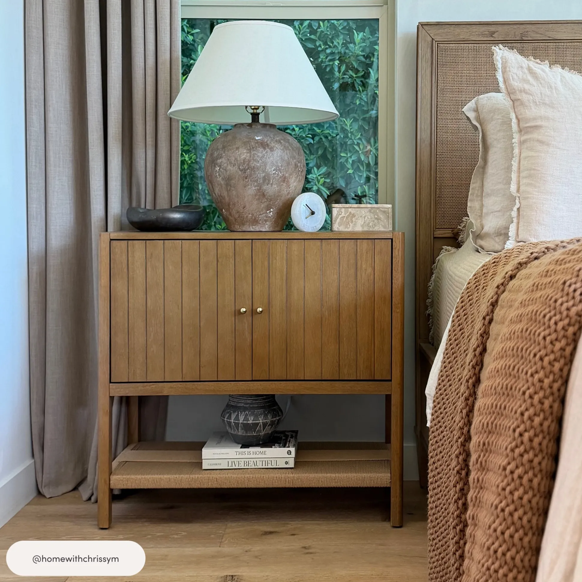 Wood TV Console with Open Seagrass Shelf for TVs up to 100" Light Brown