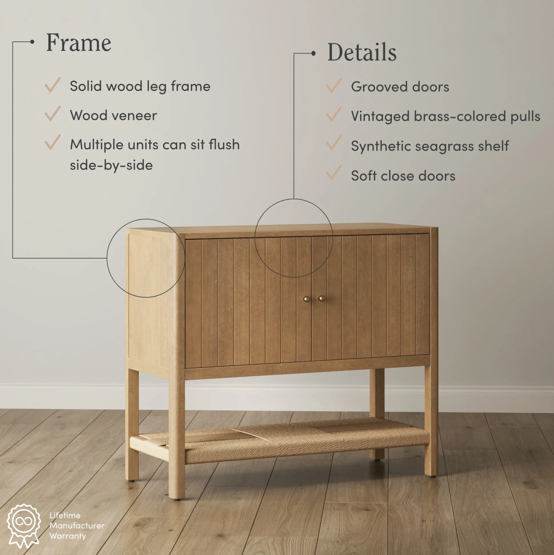 Wood TV Console with Open Seagrass Shelf for TVs up to 75" Light Brown