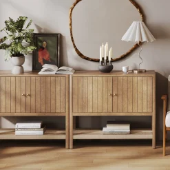 Wood TV Console with Open Seagrass Shelf for TVs up to 75