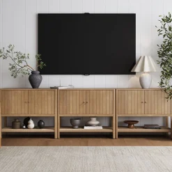 Wood TV Console with Open Seagrass Shelf for TVs up to 75