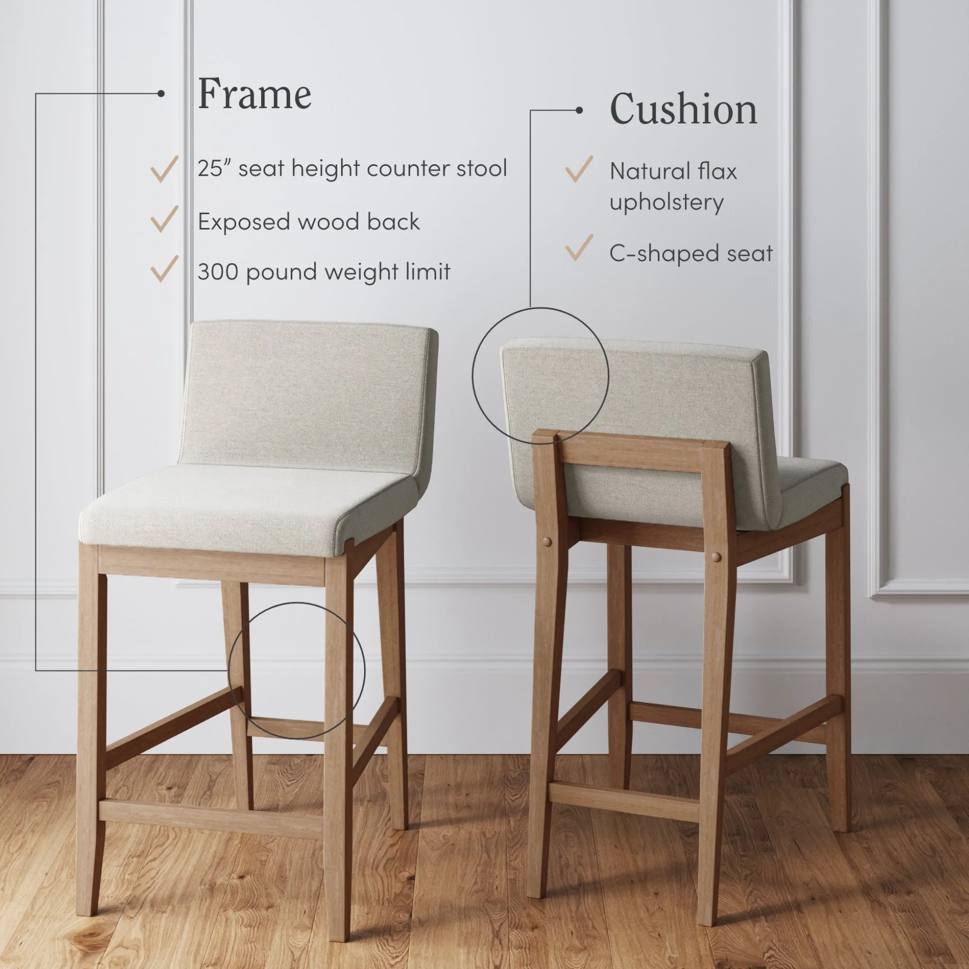 Wood Upholstered Counter Height Bar Stool Light Brown