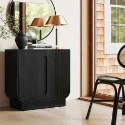 Wood Veneer Arched Accent Cabinet Black Oak