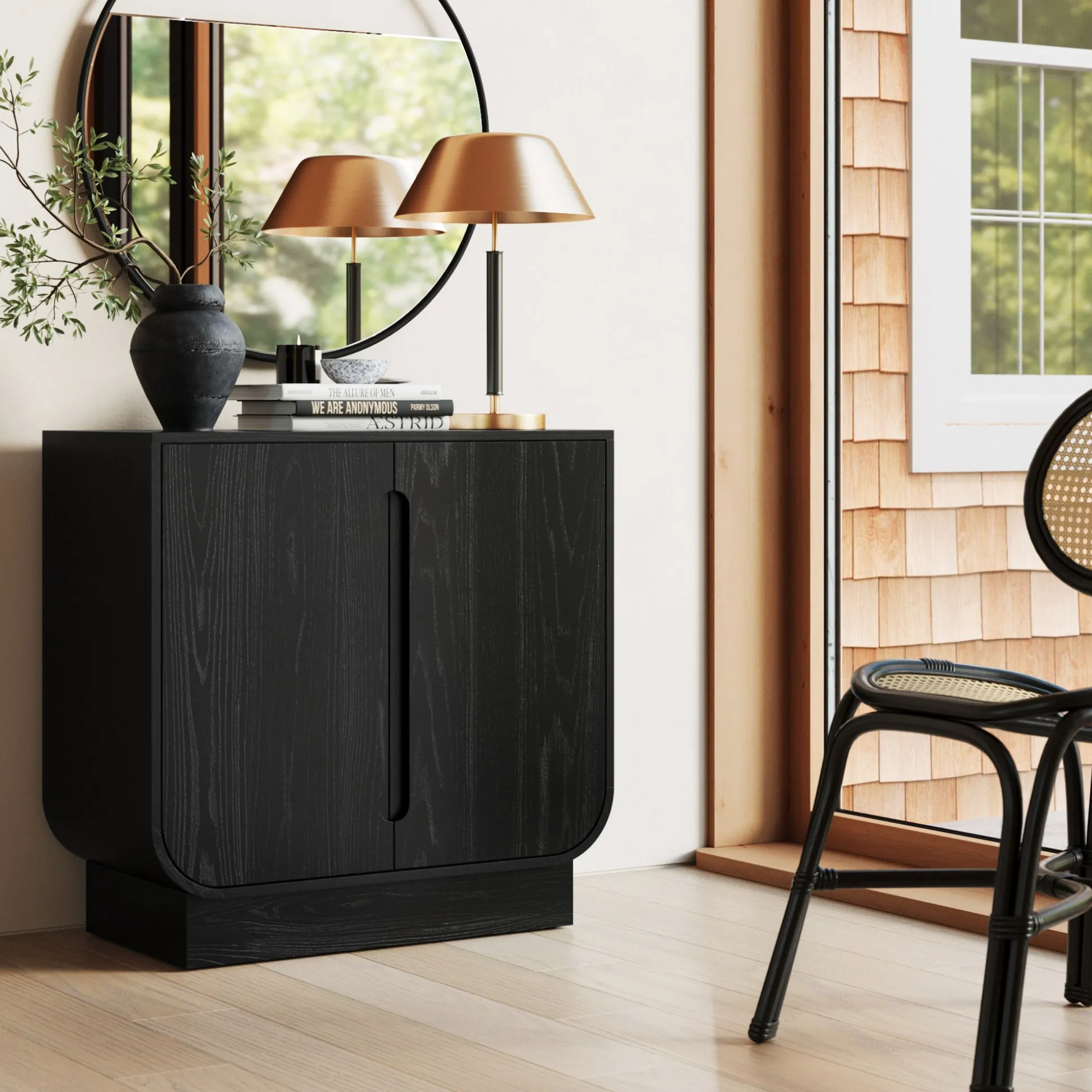 Wood Veneer Arched Accent Cabinet Black Oak