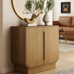 Wood Veneer Arched Accent Cabinet Light Brown