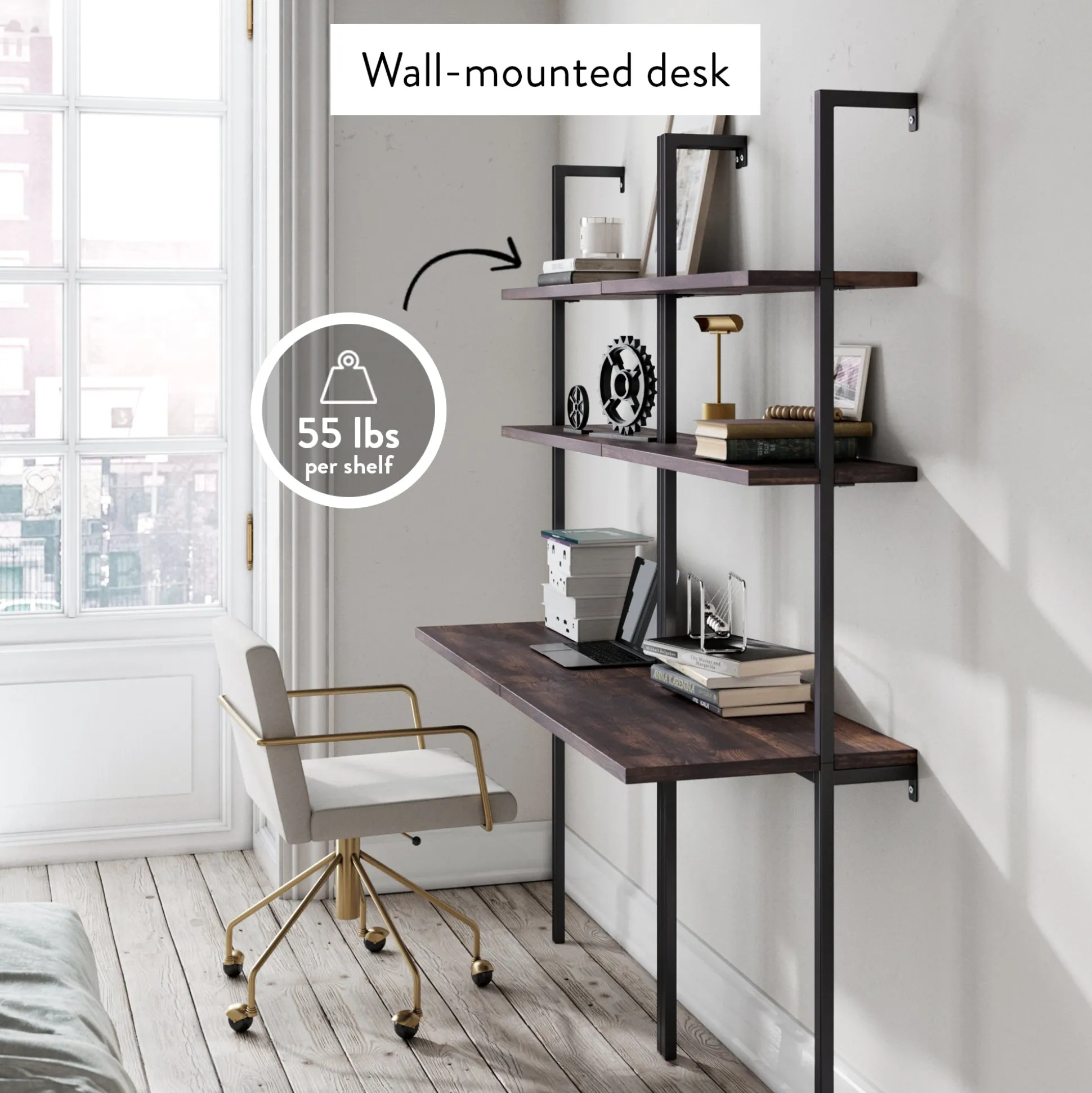 Wood Wall Mount Ladder 2-Shelf Desk Nutmeg