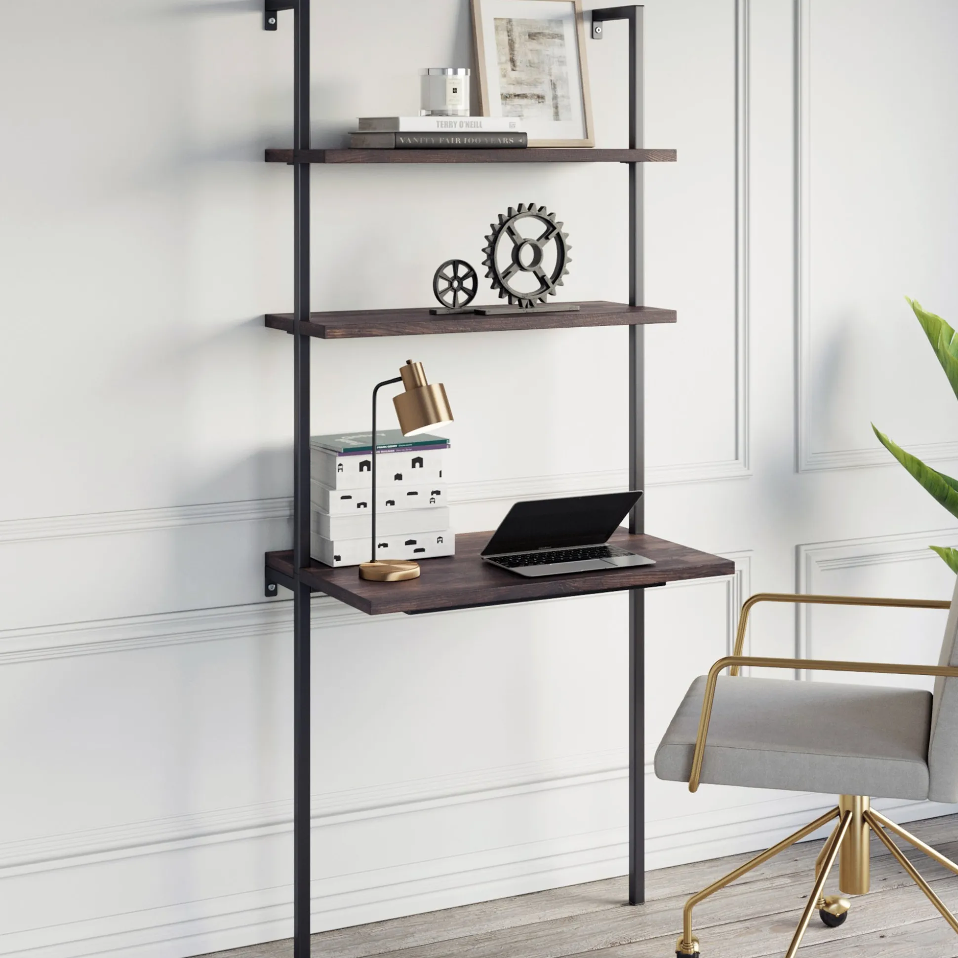 Wood Wall Mount Ladder 2-Shelf Desk Nutmeg