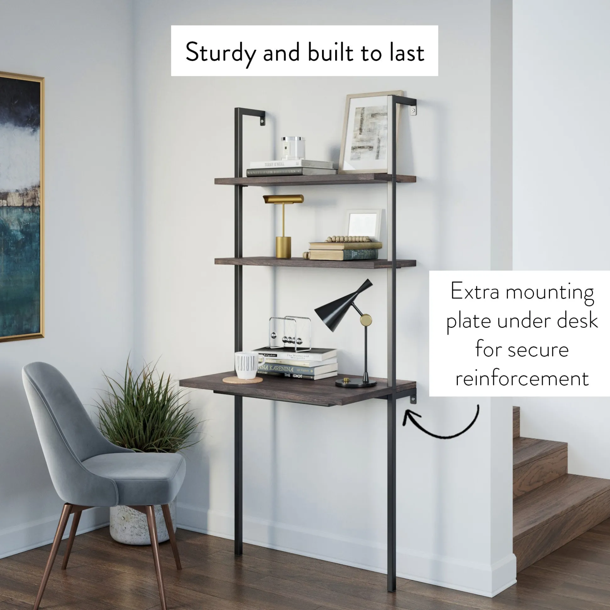 Wood Wall Mount Ladder 2-Shelf Desk Nutmeg