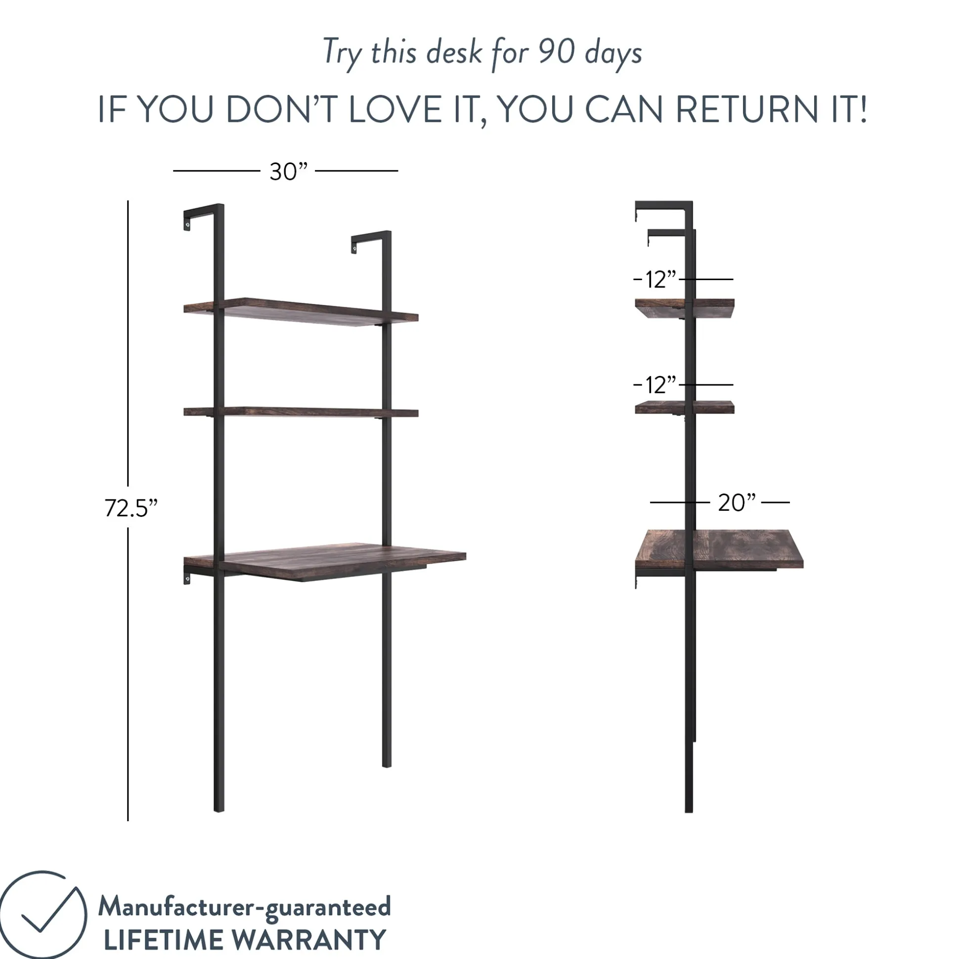 Wood Wall Mount Ladder 2-Shelf Desk Nutmeg