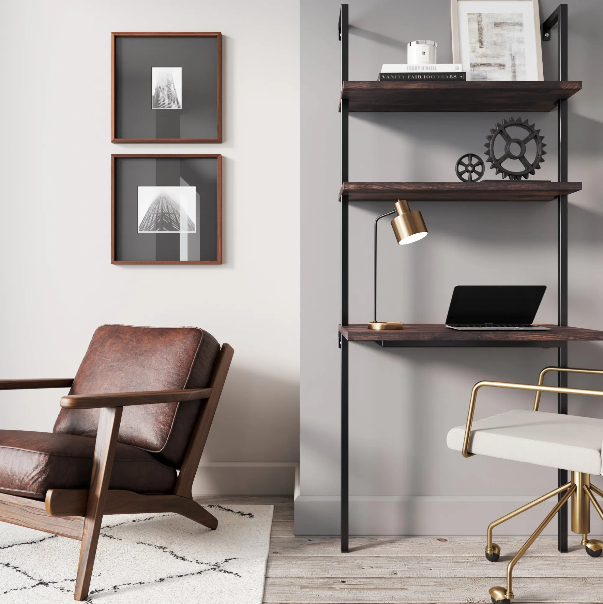 Wood Wall Mount Ladder 2-Shelf Desk Nutmeg