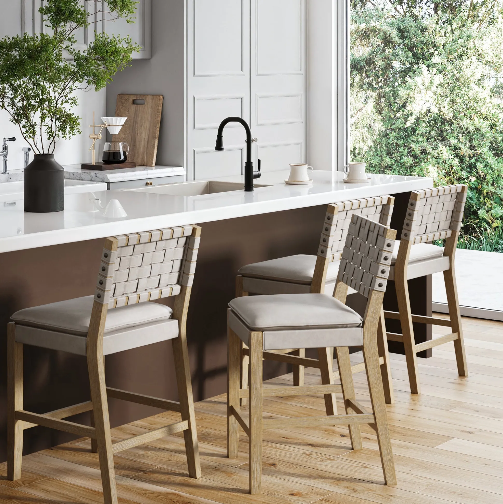Woven Faux Leather Counter Height Bar Stool Gray Mahogany (Set of 4)
