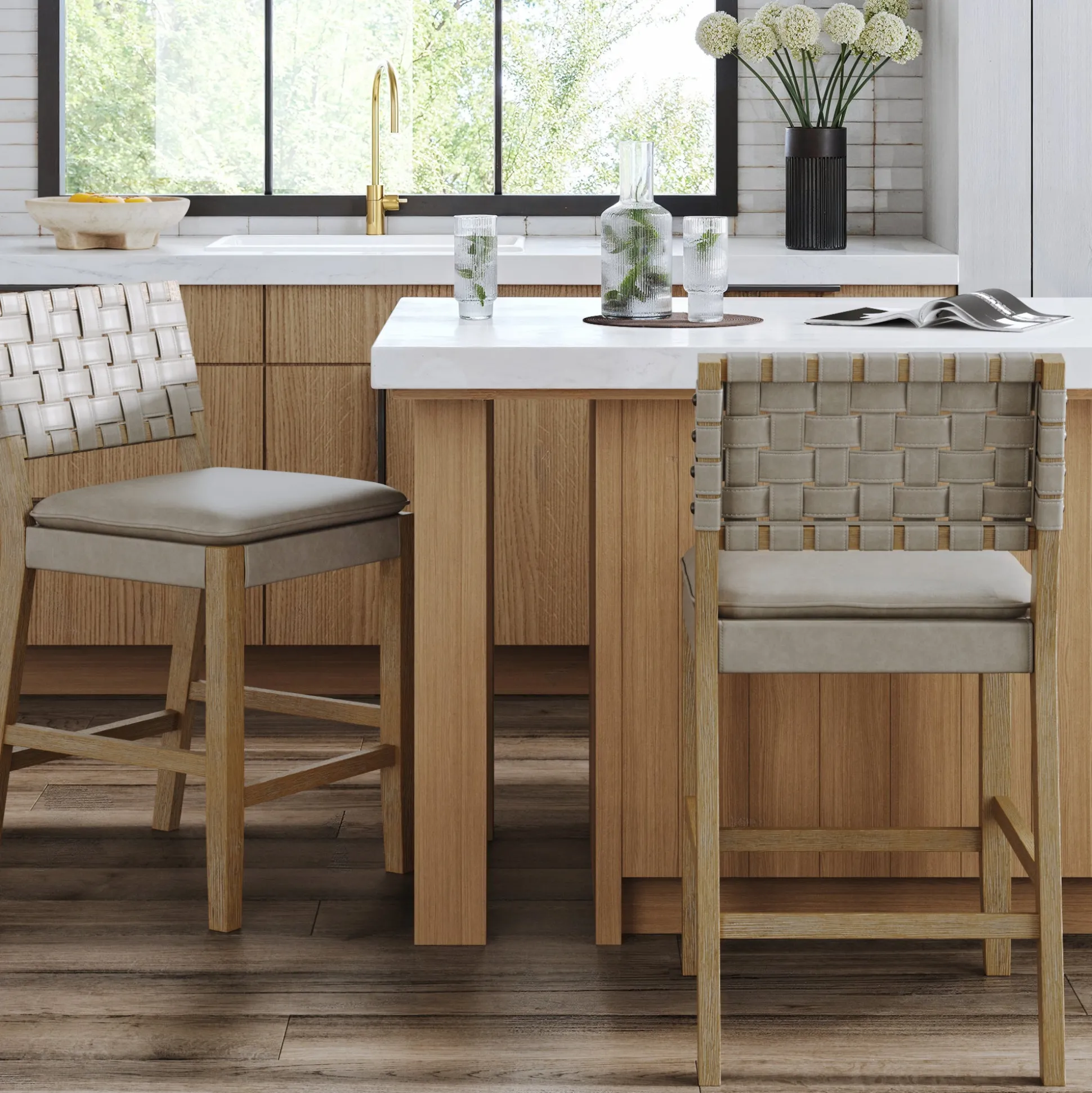 Woven Faux Leather Counter Height Bar Stool Gray Mahogany (Set of 2)