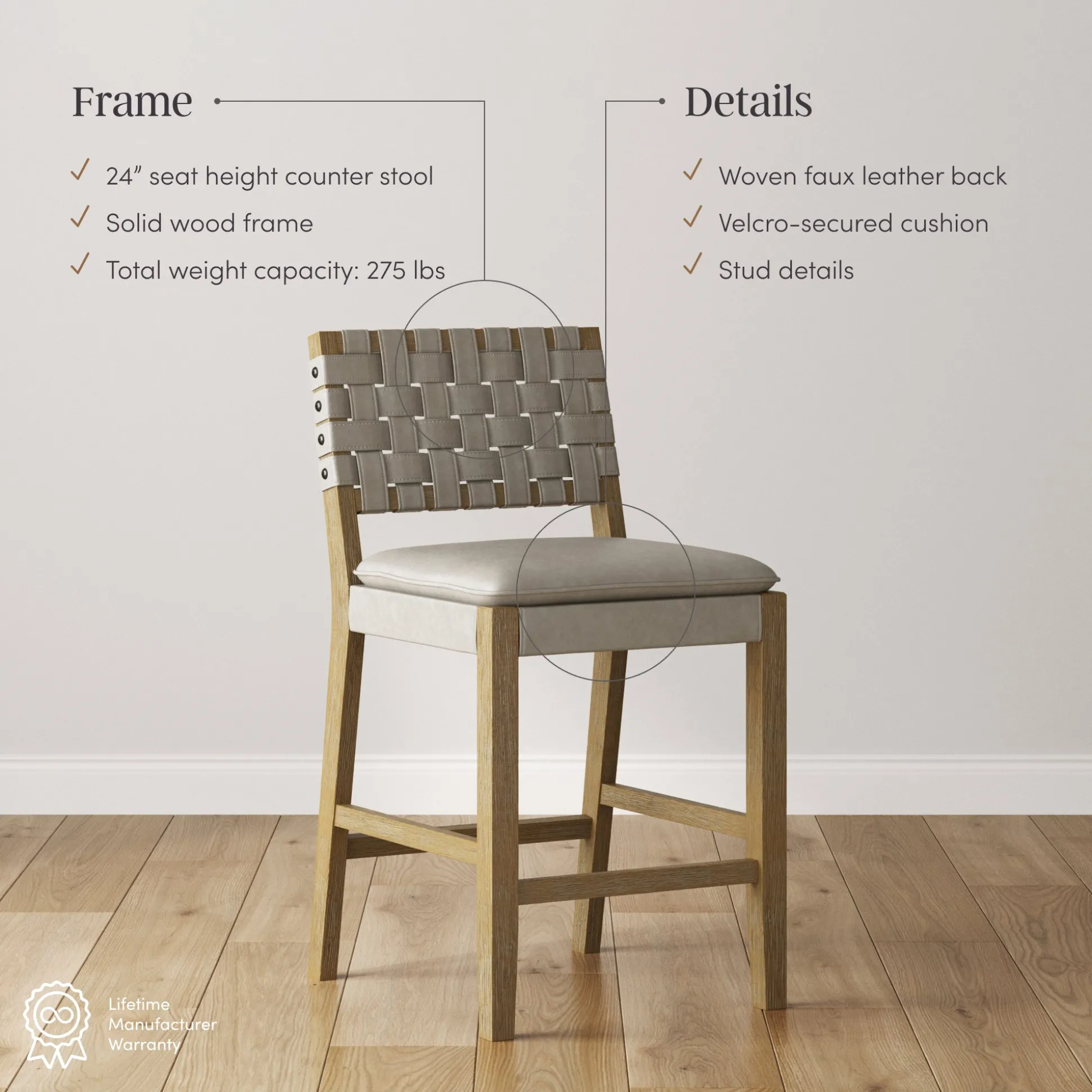 Woven Faux Leather Counter Height Bar Stool Gray Mahogany