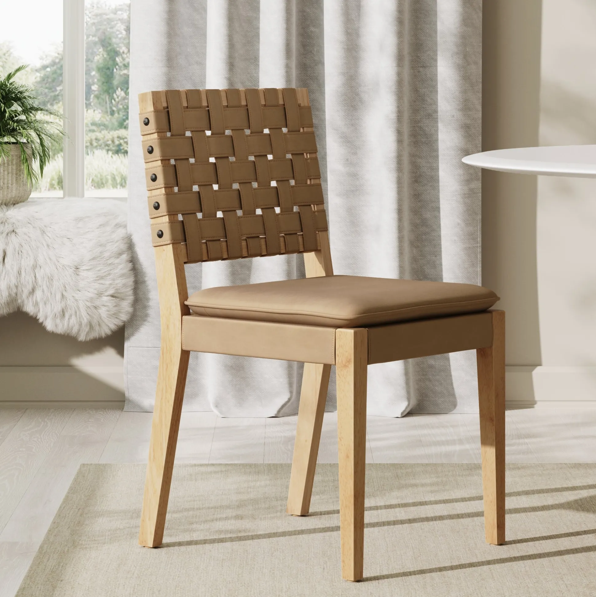 Woven Faux Leather Dining Chair Light Brown