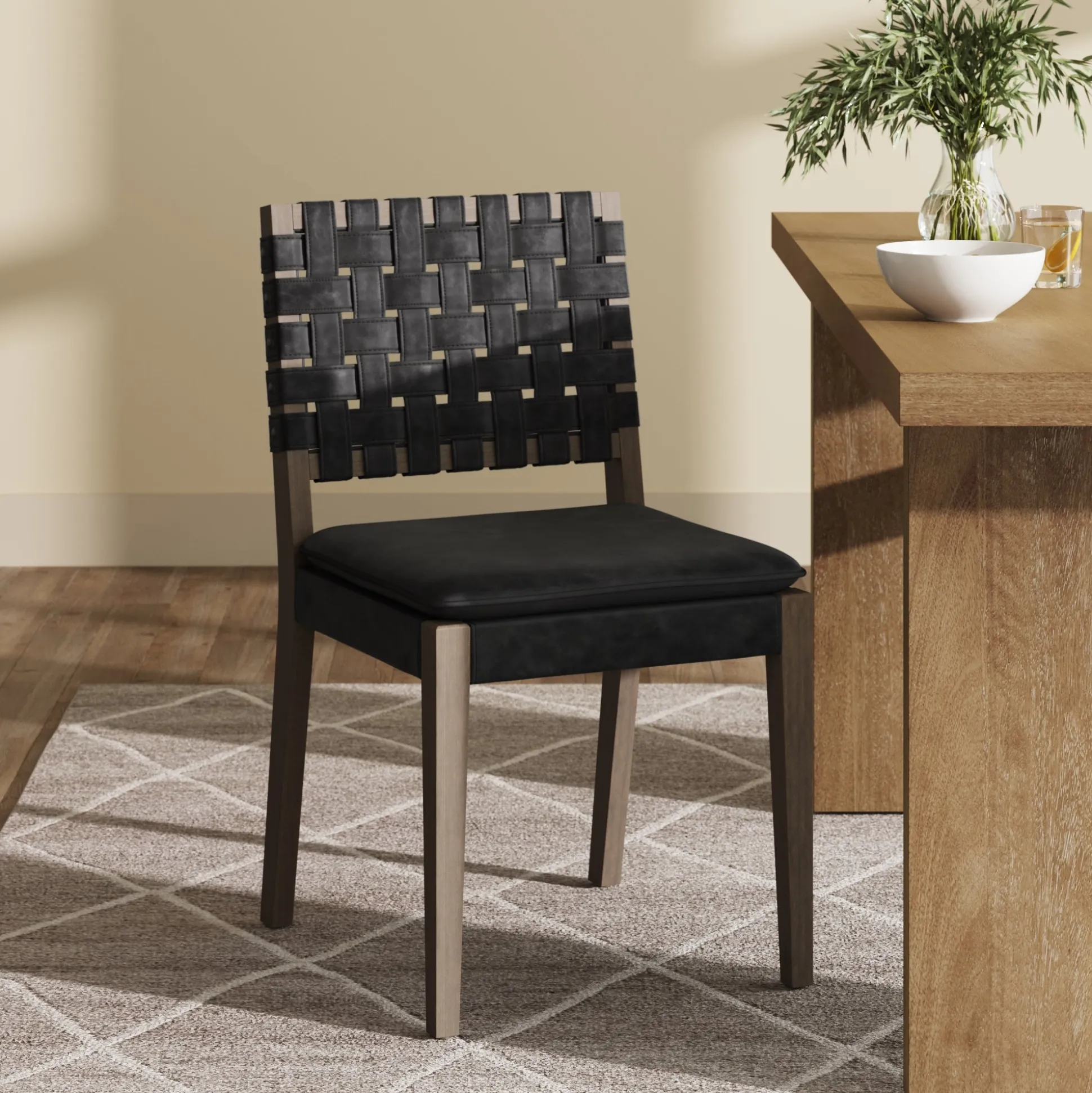 Woven Faux Leather Dining Chair Black
