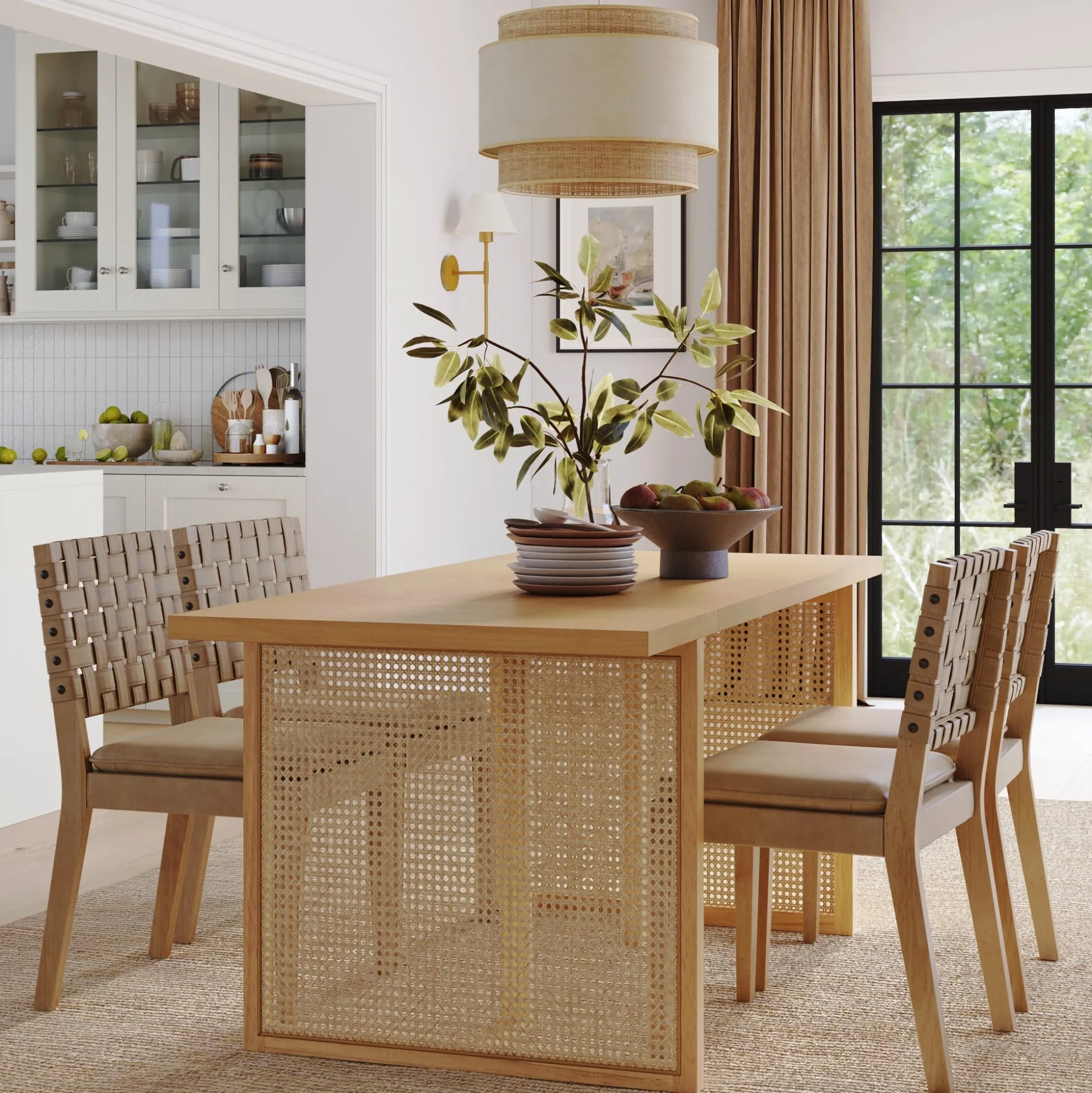 Woven Faux Leather & Rattan Dining Set (4 Chairs)