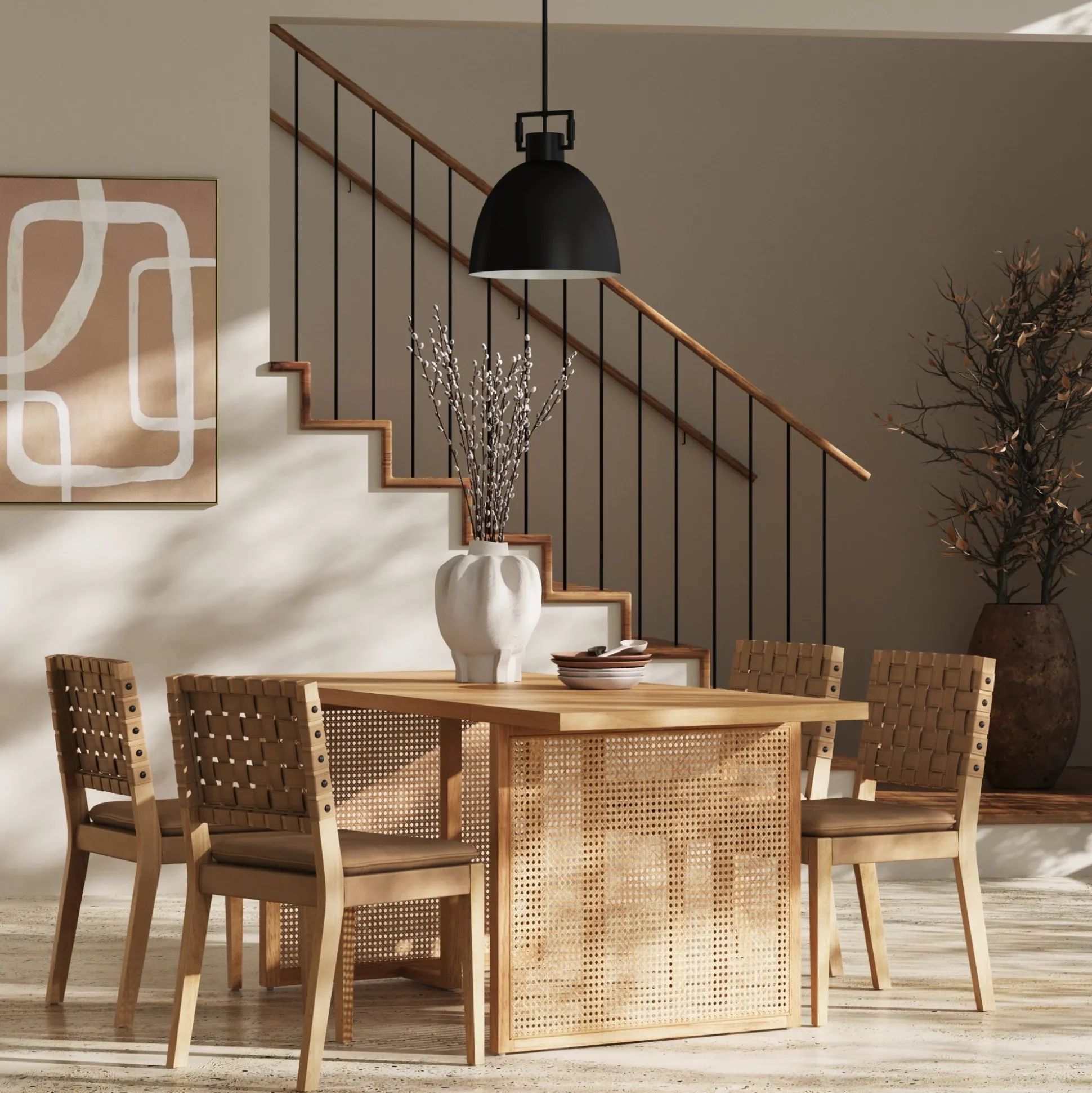 Woven Faux Leather & Rattan Dining Set (4 Chairs)