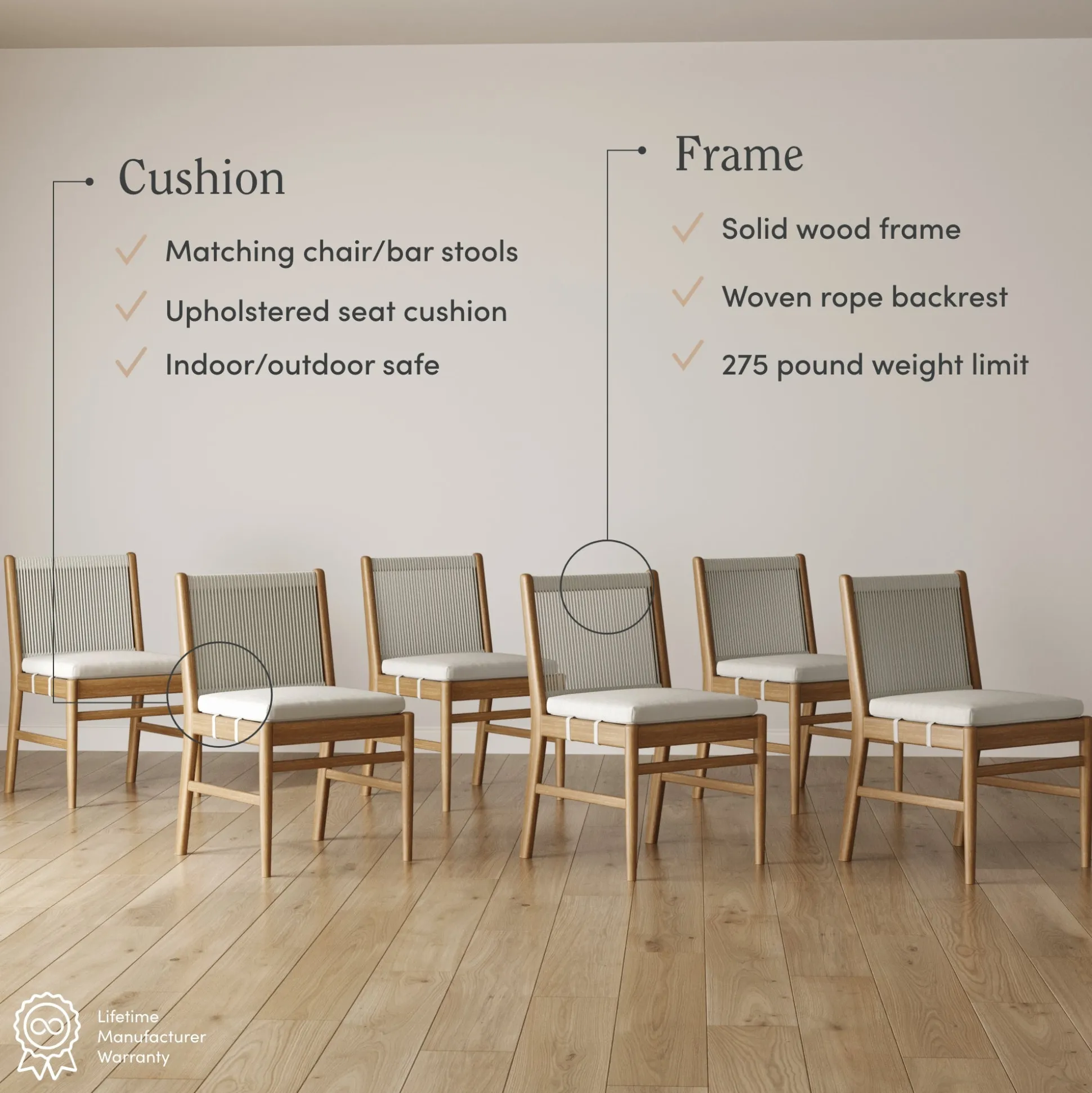 Woven Rope Back Dining Chair Brushed Light Brown (Set of 6)