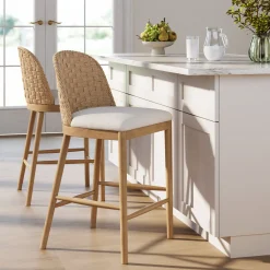 Woven Seagrass Back & Boucle Counter Bar Stool Light Brown (Set of 2)