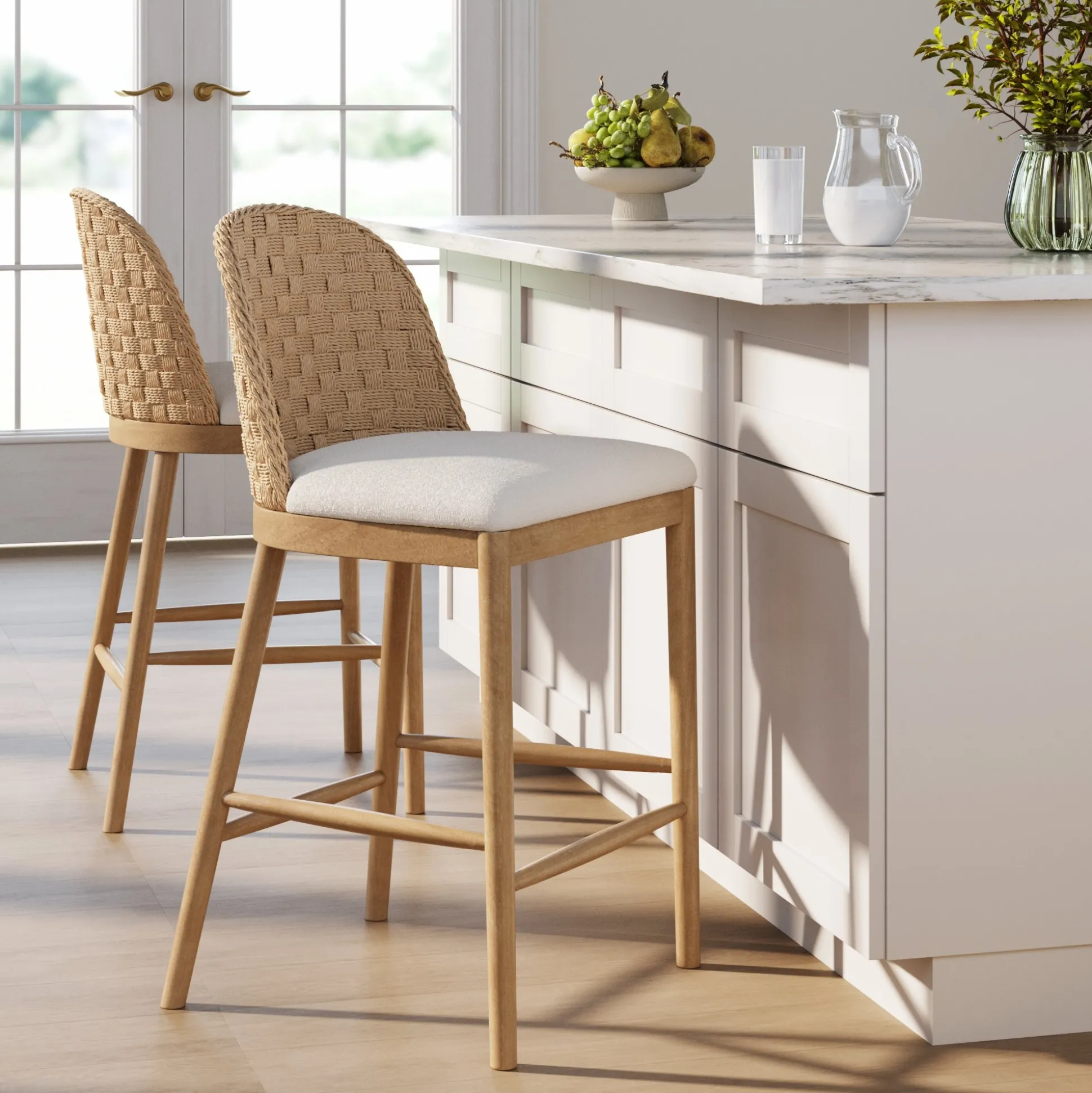 Woven Seagrass Back & Boucle Counter Bar Stool Light Brown (Set of 2)