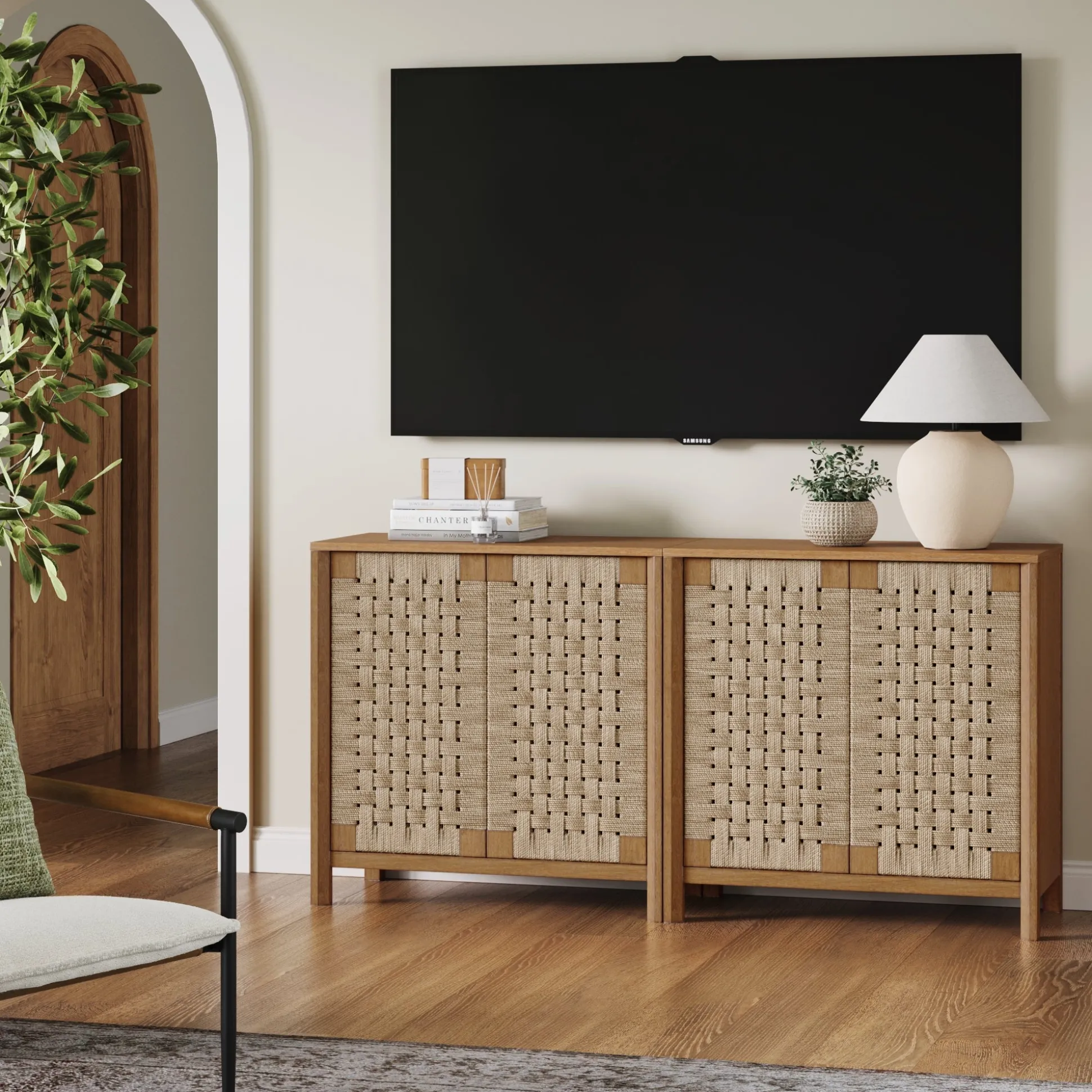 Woven Seagrass TV Console Cabinet for TVs up to 65" Light Brown